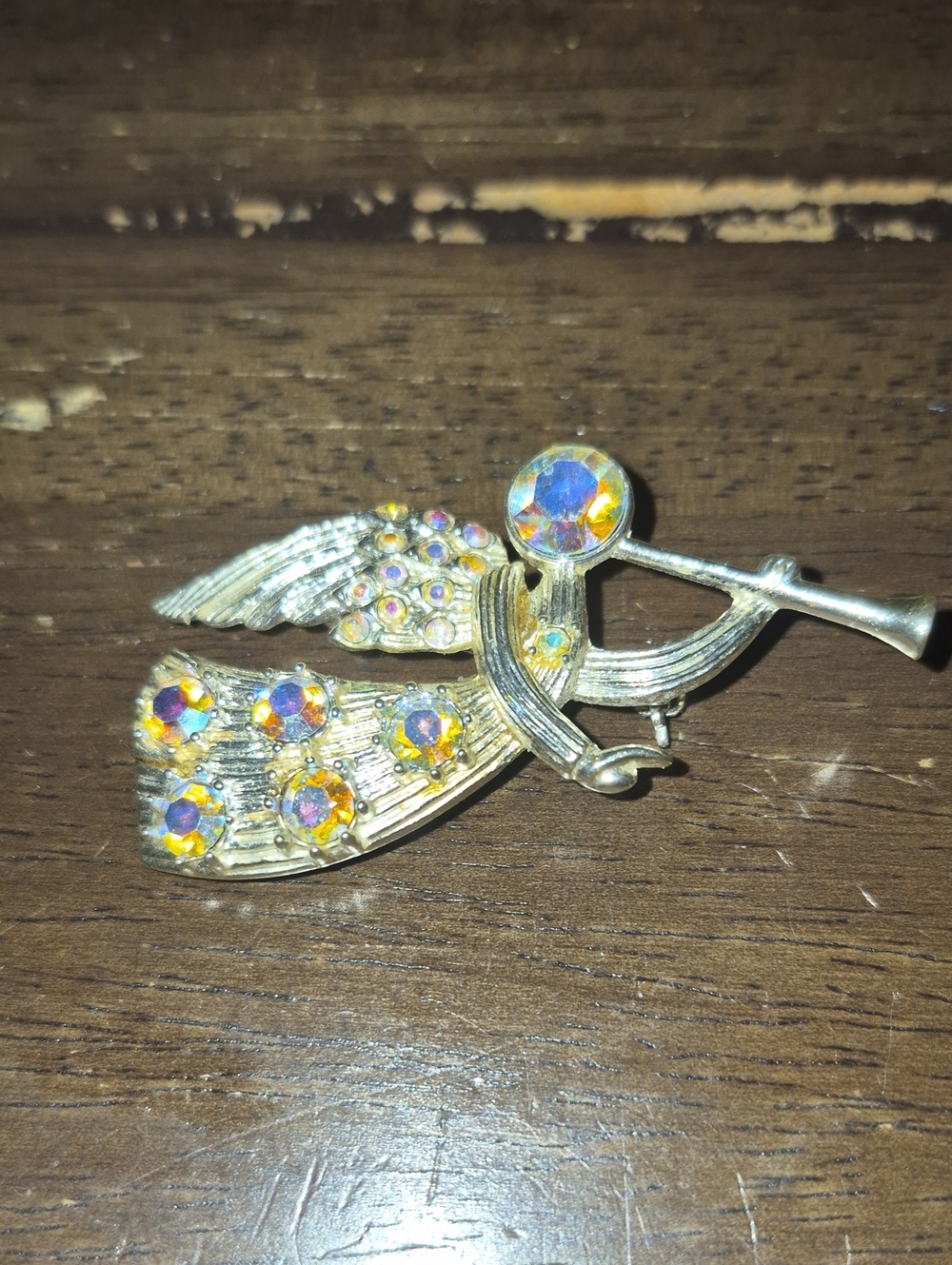 Unsigned Vintage Aurora Borealis Crystal Angel Brooch in Silver Tone